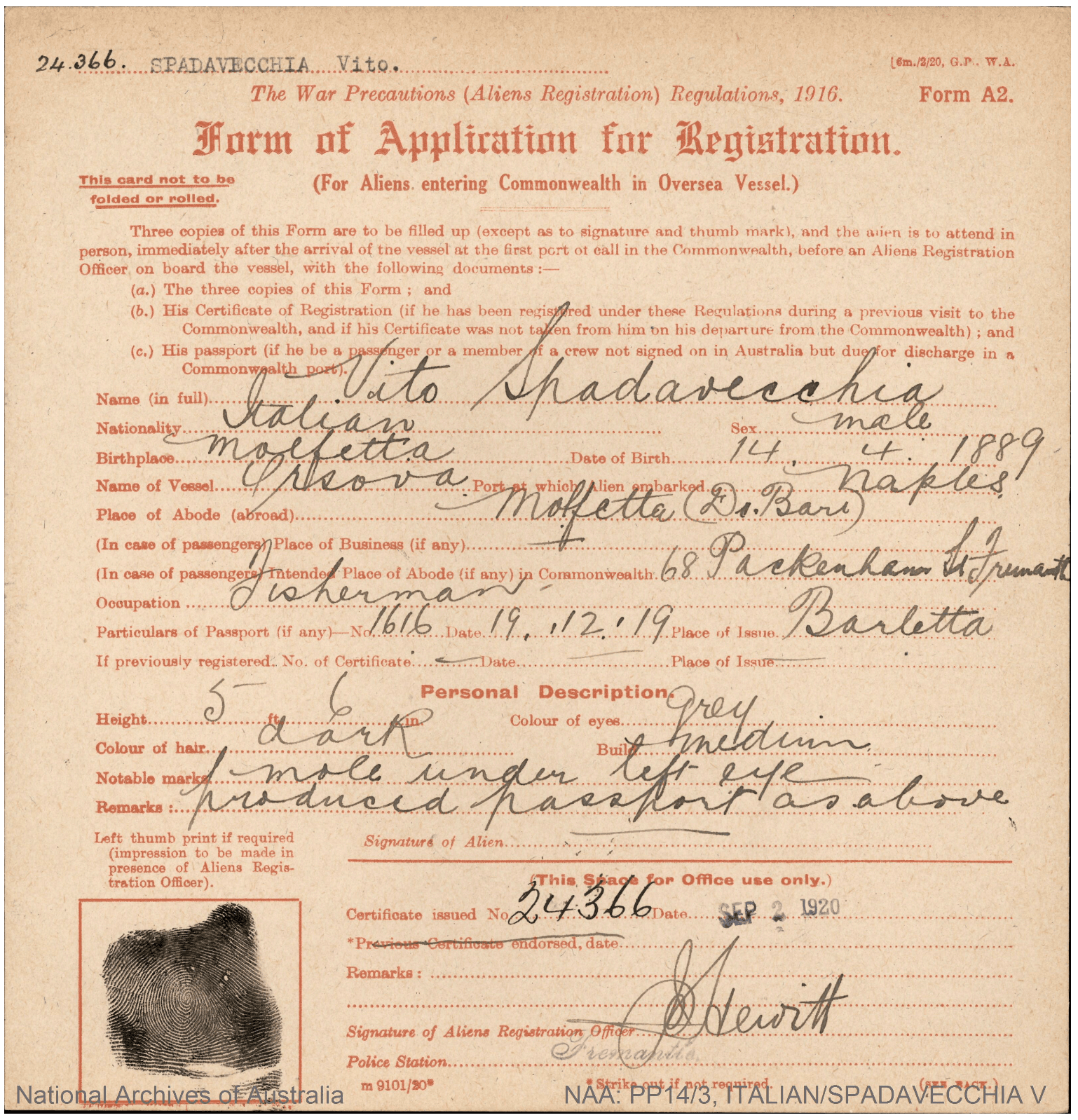 Vito Spadavecchia's Alien Registration Papers